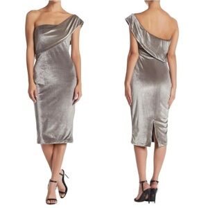 Likely Driggs One Shoulder Asymmetrical Gray Velvet Midi Cocktail Dress 4